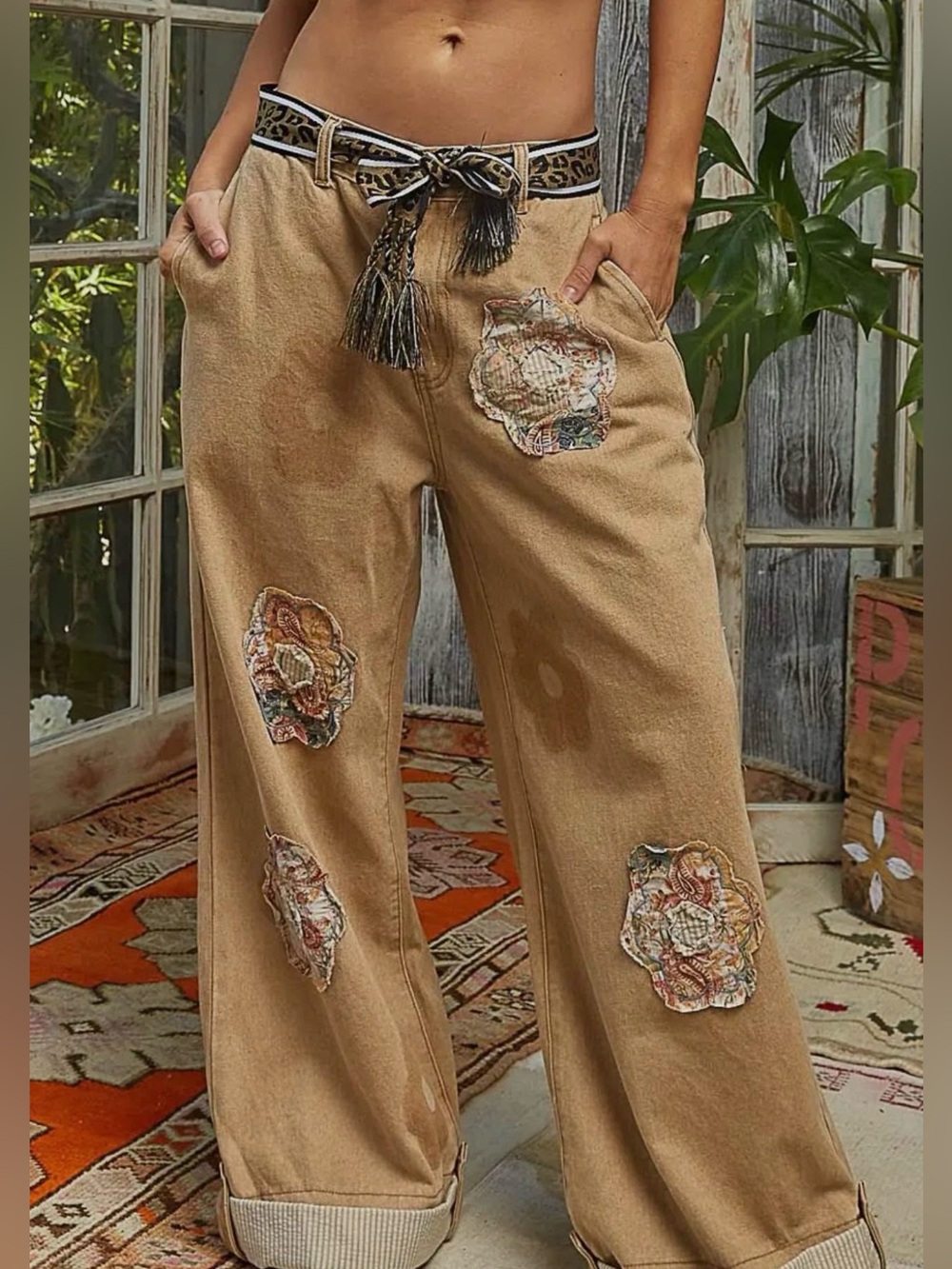 NEW POL Special 48hr Price : The Tanner”Tan Wide-Leg Boho Patchwork Pants
